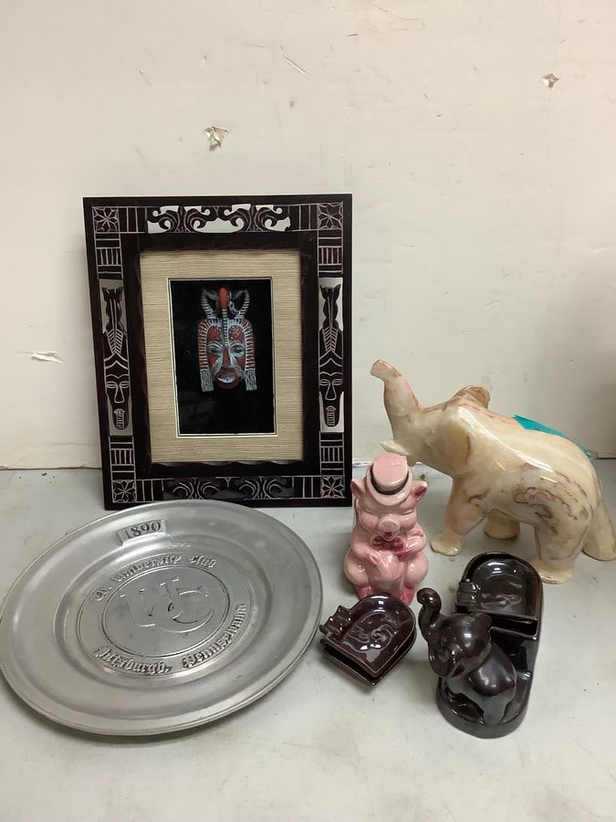 Vintage elephant ashtrays, 1890 University Club Pittsburg PA plate, framed art(10.5in.x12.5in.), and: Vintage elephant ashtrays, 1890 University Club Pittsburg PA plate, framed art(10.5in.x12.5in.), and more