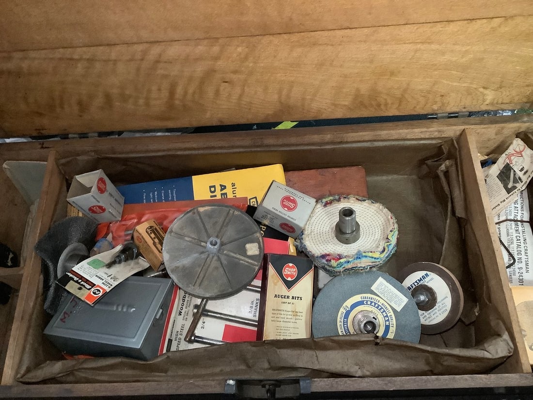 Wooden crate with Craftsman supplies, Shop Smith auger bits, Black & Decker wheel arbor, and (1 of 1)