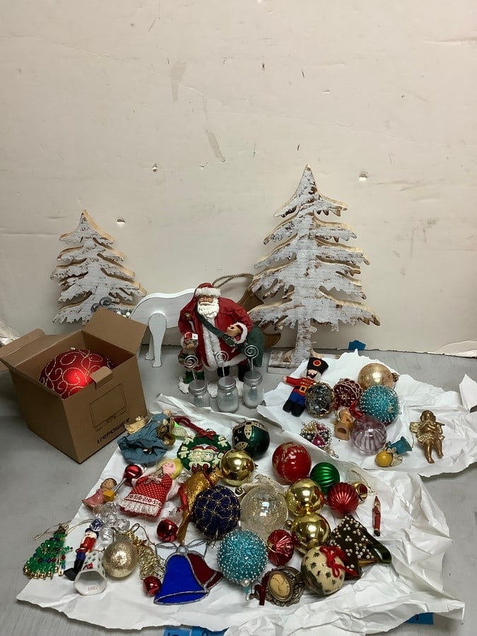 Decorative Christmas ornaments, santa statue, fake trees, and more(tallest 17.25in.) (1 of 1)