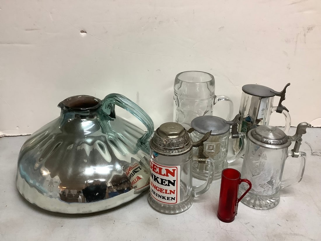 Vintage steins(Domex and others), glass beer mug(8in.tall), and more: Vintage steins(Domex and others), glass beer mug(8in.tall), and more