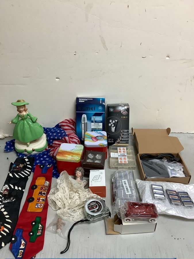 J.Garcia tins, Radio Flyer wagon model, razor heads, musical ceramic(10.25in.tall-slightly damaged), (1 of 1)