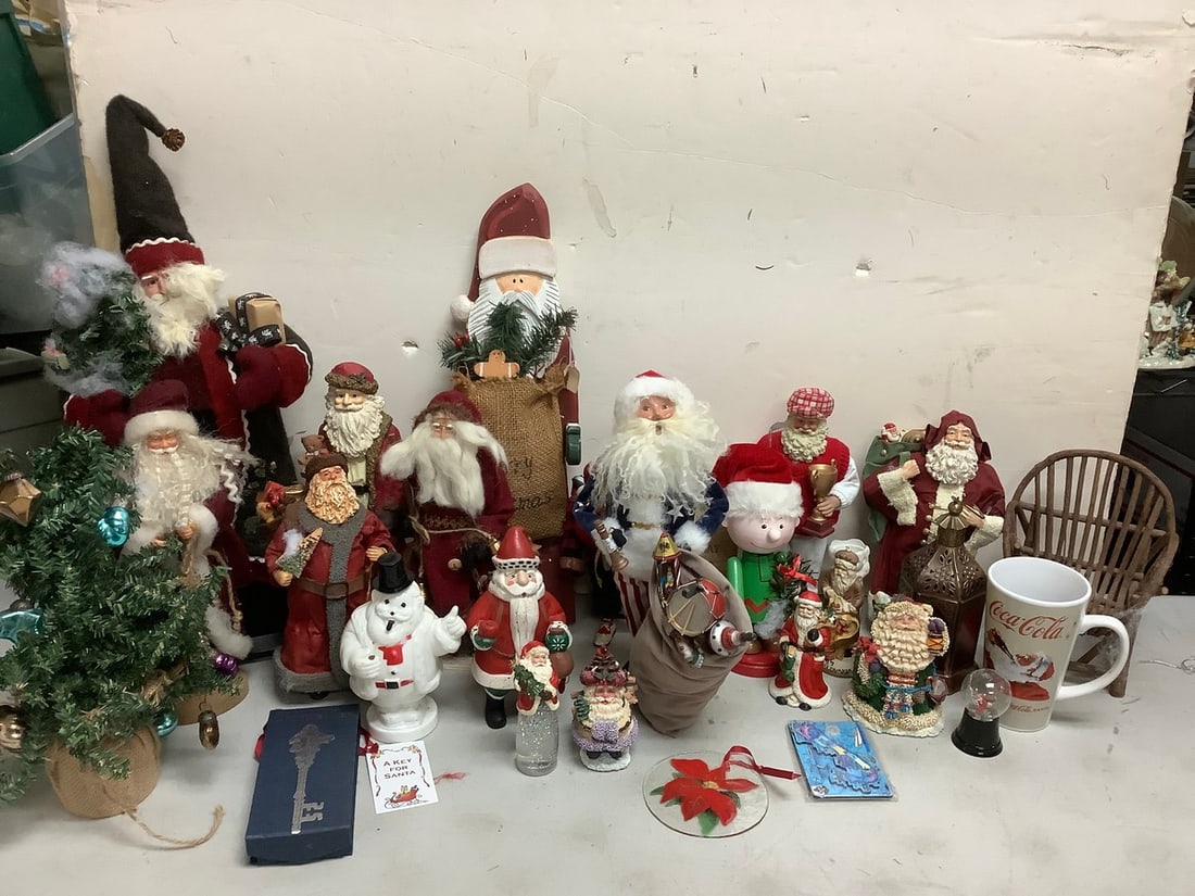 Santa statues(Byer's choice ltd., Crinkle Claus, etc.), Coca Cola collectible mug, fake trees, and (1 of 1)