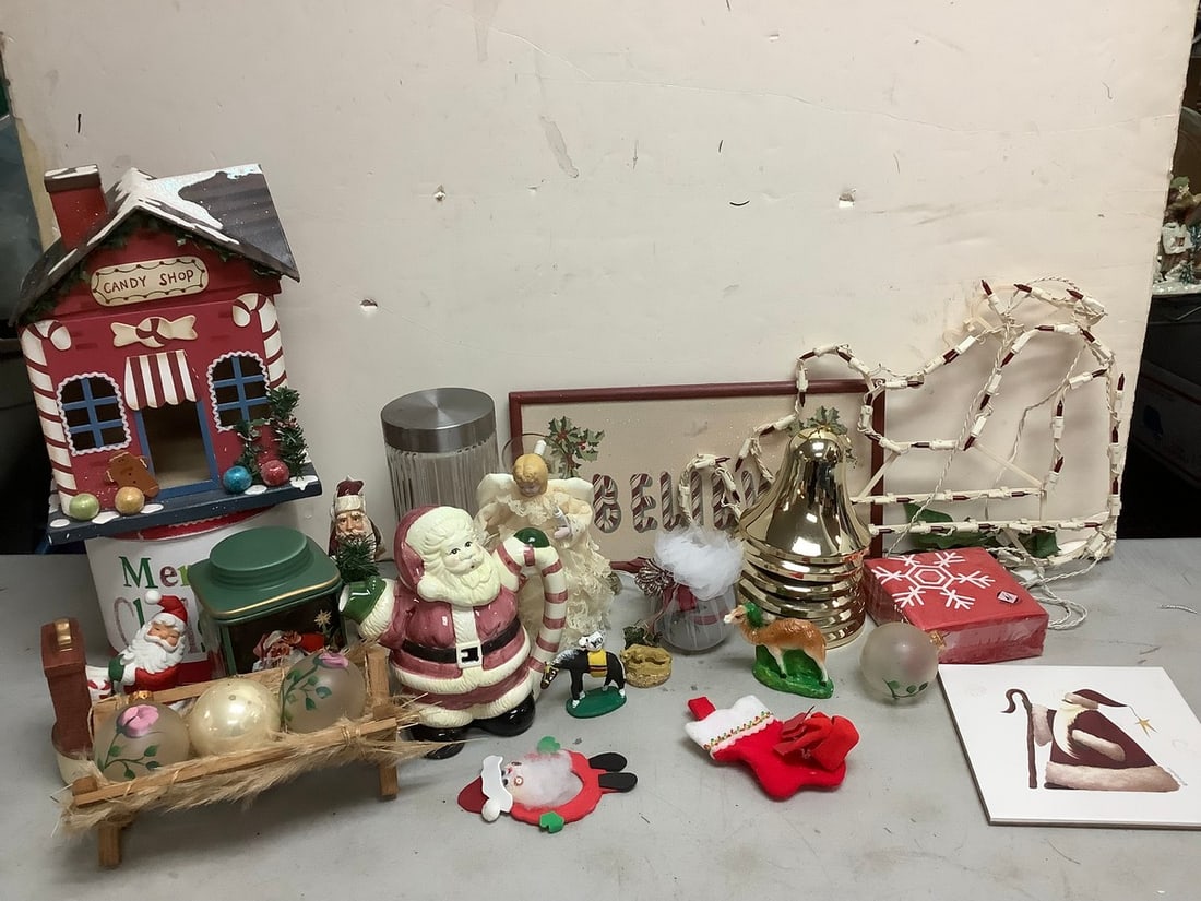 Christmas decor(statues, bells ornaments, Candy Shop house(12in.tall), and more: Christmas decor(statues, bells ornaments, Candy Shop house(12in.tall), and more