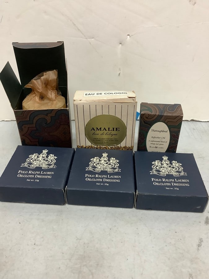 Ralph Lauren refresher oil, Amalie eau de cologne, and Ralp Lauren oilcloth dressing: Ralph Lauren refresher oil, Amalie eau de cologne, and Ralp Lauren oilcloth dressing