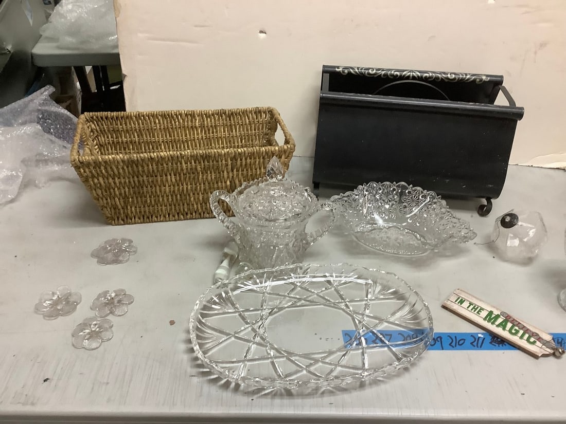 Lot of Wicker basket, Cut glass, Crystal Ornament, and more: Lot of Wicker basket, Cut glass, Crystal Ornament, and more
