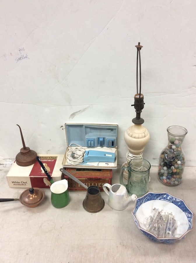 Vintage cigar boxes, vase full of marbles, marble lamp(26in.tall), and more (1 of 1)