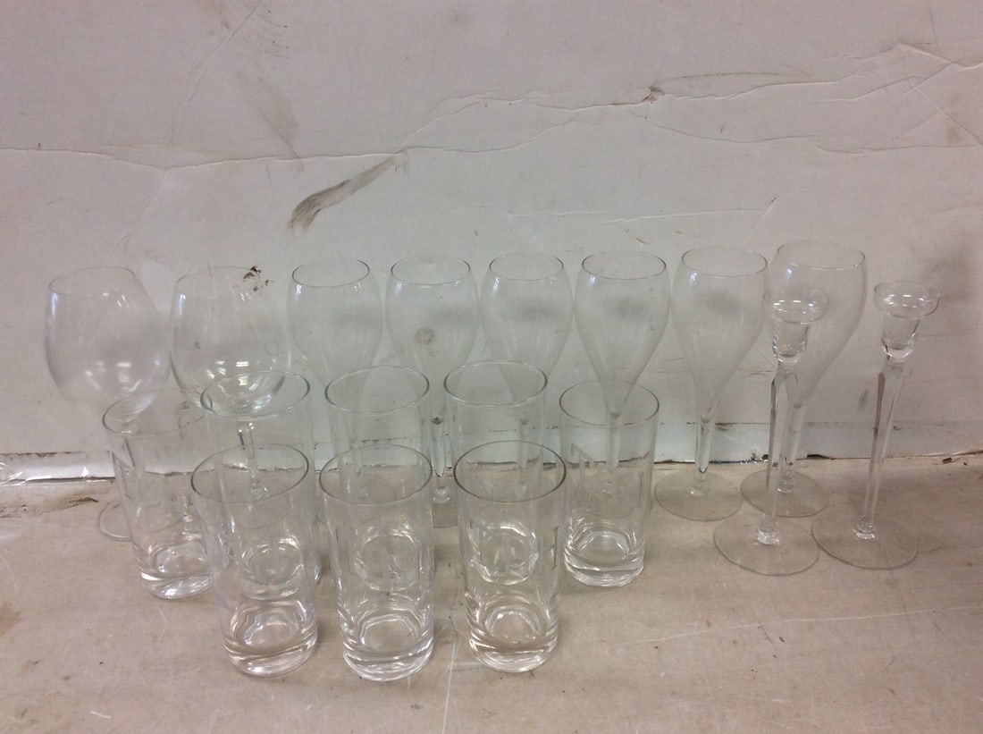 Drinking glasses and candleholders(tallest 8.5in.): Drinking glasses and candleholders(tallest 8.5in.)