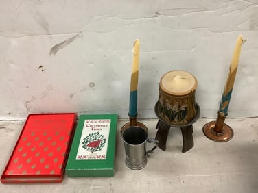 Candleholders(tallest 4.5in.), Christmas tales books, and more
