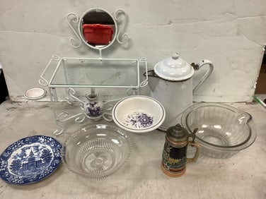 Vintage stein, pitchers(11in.tallest),decorative bowls, and more