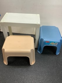 Plastic Table with Rubbermaid Step Stools (tallest - 16.25 in)