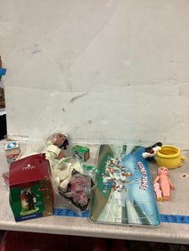 Vintage Kewpi doll, tiana doll, looney toons paint set and more