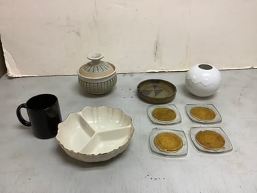 Rosenthal Vase, Ashtray, Signed Pottery With Lid, Coasters, Mug and Lenox Serving Dish