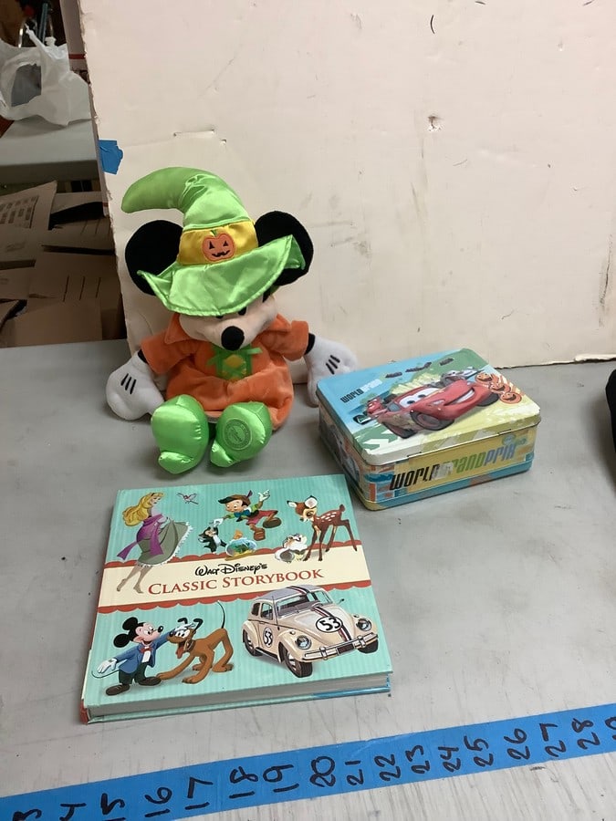 Disney Mickey Mouse plushie, walt disney classic story book and CARS tin (1 of 1)
