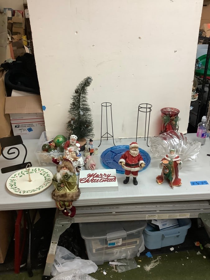 Christmas ornaments, blue glass serving tray, red glass vase, santa figures, mikasa crystal bowl, (1 of 1)