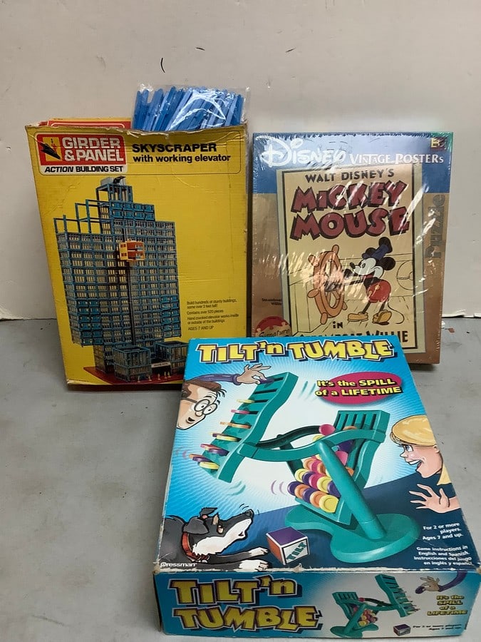 Girder & panel action building set, Tilt n tumble game, and Disney vintage posters puzzle (1 of 1)