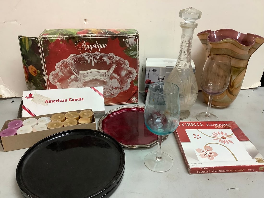 Angelique serving bowl, glass decanter, American Candle box full of candles, Corelle ceramic square (1 of 1)