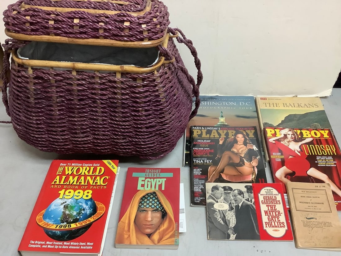 Wicker baskets full of Playboys, The World Almanac and book of facts(1998), and more: Wicker baskets full of Playboys, The World Almanac and book of facts(1998), and more
