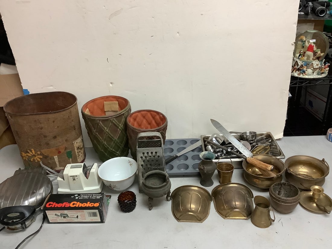 Brass planters, Bromco grater,  Villaware waffle maker, various kitchen utensils, and more(tallest (1 of 1)