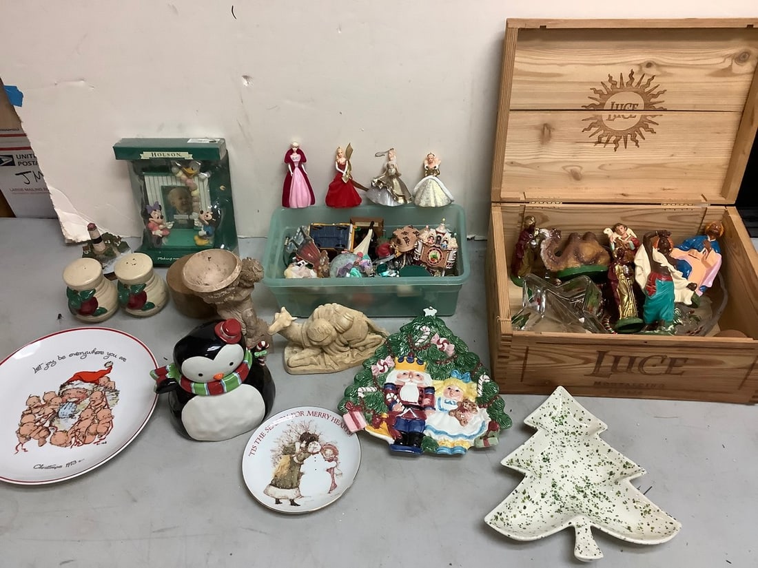 Luce wooden wine box, decorative Christmas plates, F.W. Woolworth Co. statues, penguin cookie: Luce wooden wine box, decorative Christmas plates, F.W. Woolworth Co. statues, penguin cookie jar(7in.tall),and more