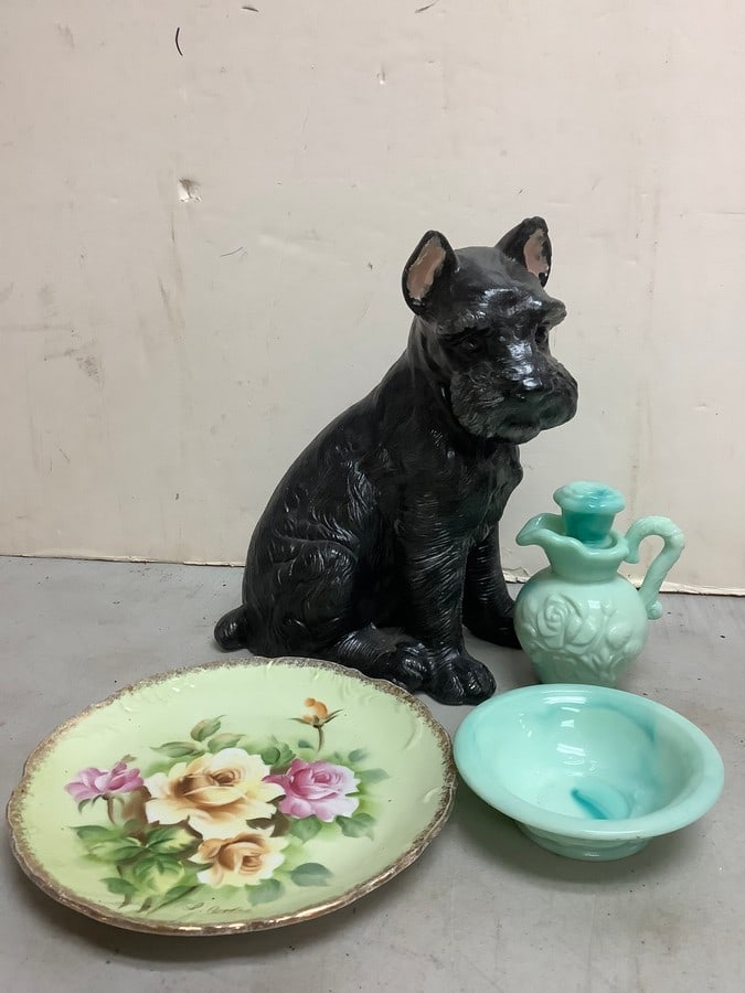 Avon jadeite perfume pitcher, decorative plate, and dog statue(11in.tallest) (1 of 1)