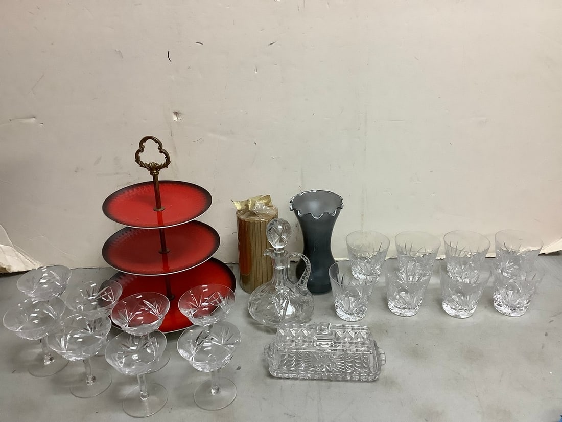 Drinking glasses, decanter, 3 tier serving tray(13.25in.tall), vase, and more (1 of 1)
