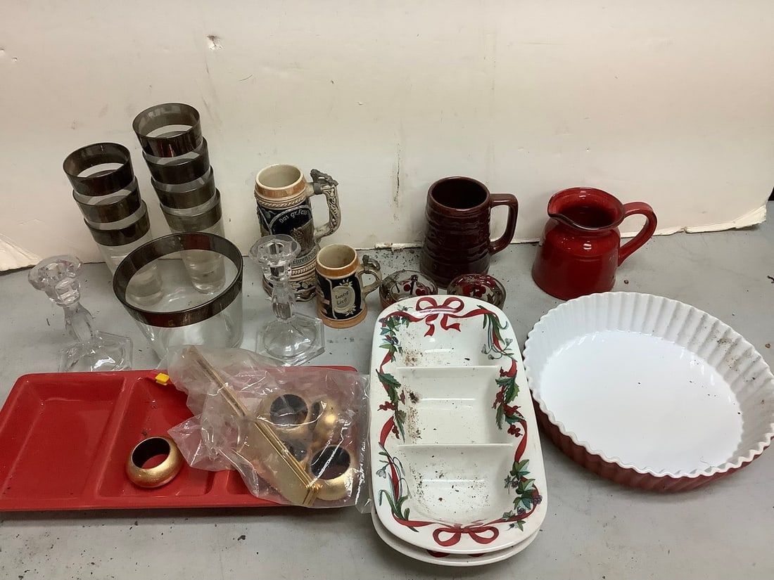 Turino pitcher, Nantucket oven safe tray, steins(largest 16in.tall-handle has been repaired) , and: Turino pitcher, Nantucket oven safe tray, steins(largest 16in.tall-handle has been repaired) , and more