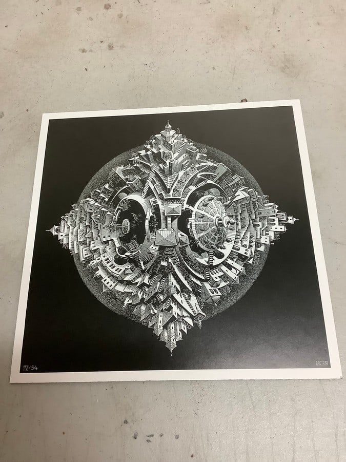 Tetrahedral print on board by M.C. Escher(9.25in.x9.25in.): Tetrahedral print on board by M.C. Escher(9.25in.x9.25in.)