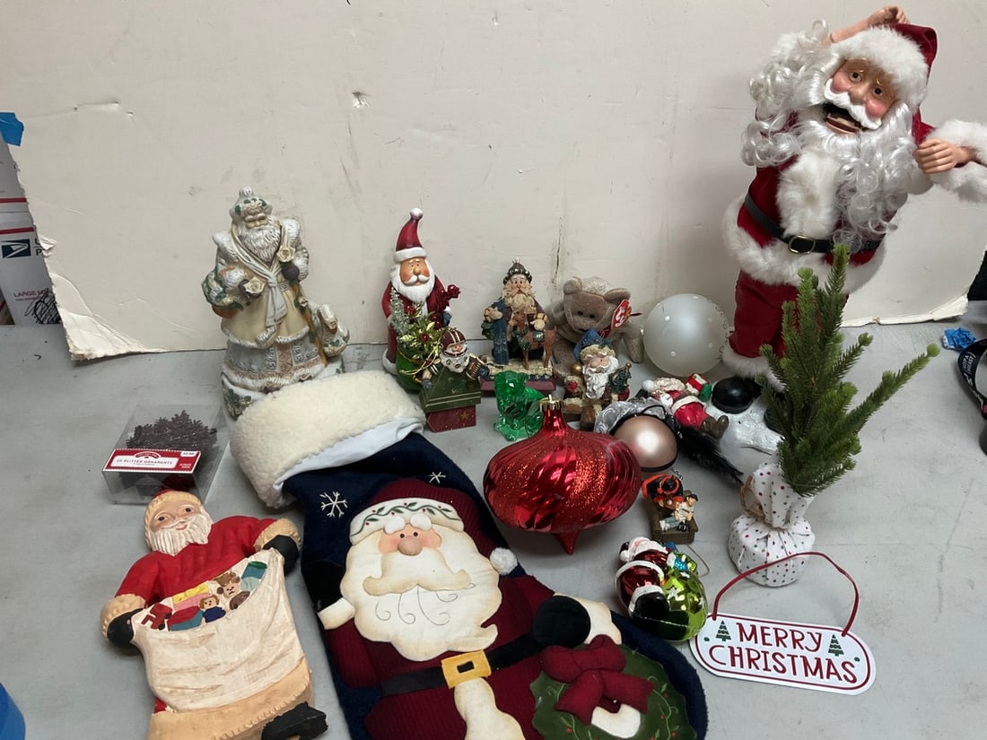 Santa Statues(Kurt S. Adler, etc.), Ornaments, Stocking, Fenton Glass Cat, Trinkets and more (1 of 1)