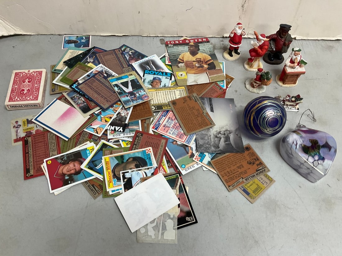 Hand Blown Ornaments, Christmas Trinkets(Gorham, Sep, etc), Baseball Cards and more (tallest -: Hand Blown Ornaments, Christmas Trinkets(Gorham, Sep, etc), Baseball Cards and more (tallest - 3.75in)