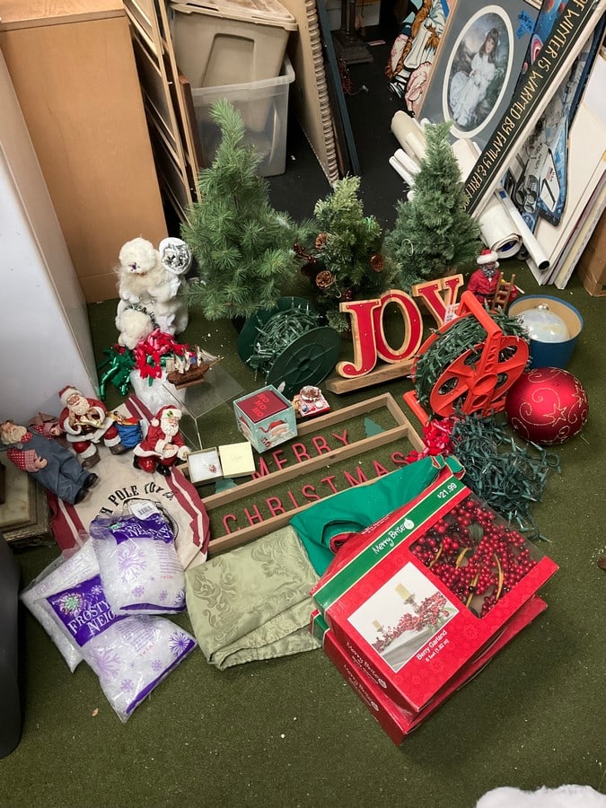 Lenox necklace, Santa on a polar bear figure, tablecloths, christmas ribbons and more: Lenox necklace, Santa on a polar bear figure, tablecloths, christmas ribbons and more