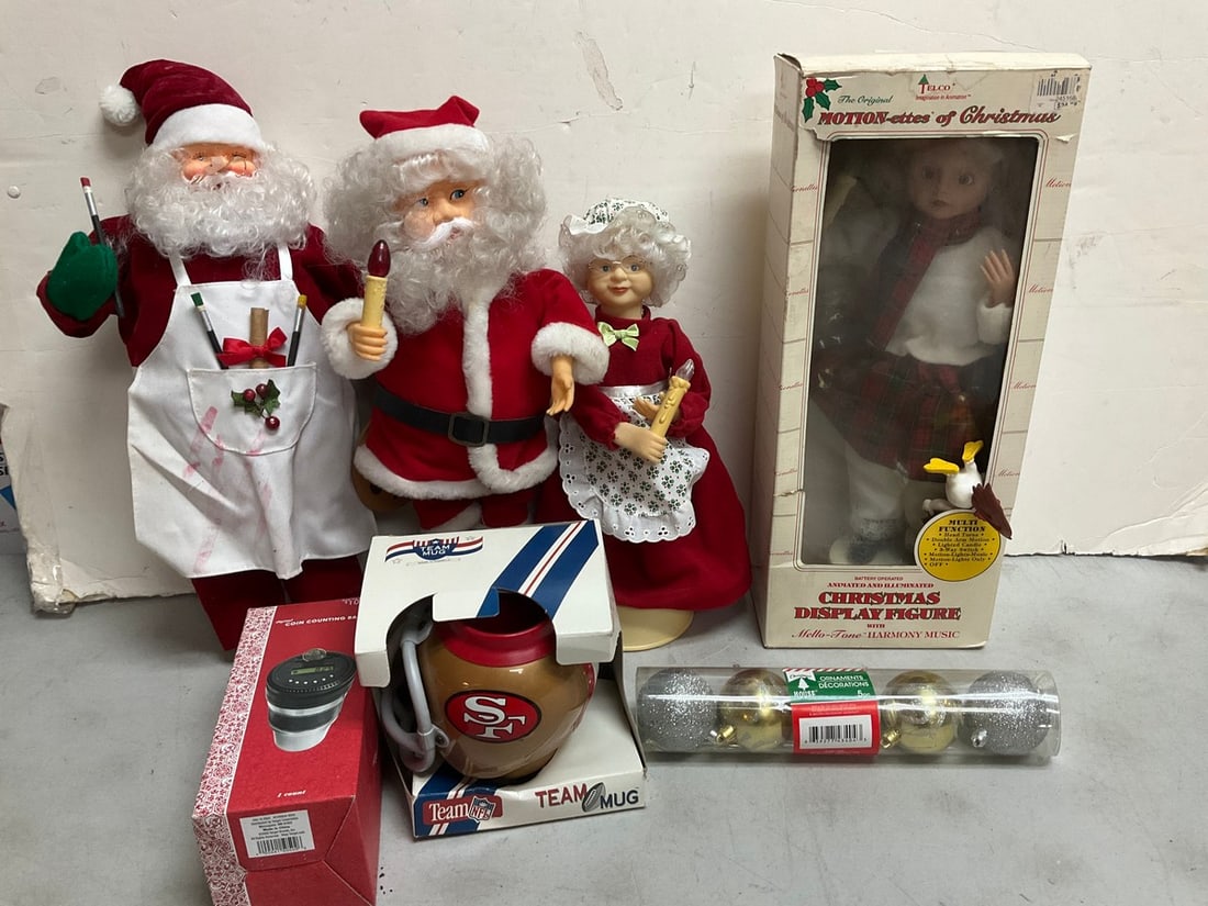 Telco Christmas display figure, NFL team mug, and other Christmas statues(tallest 19in.): Telco Christmas display figure, NFL team mug, and other Christmas statues(tallest 19in.)