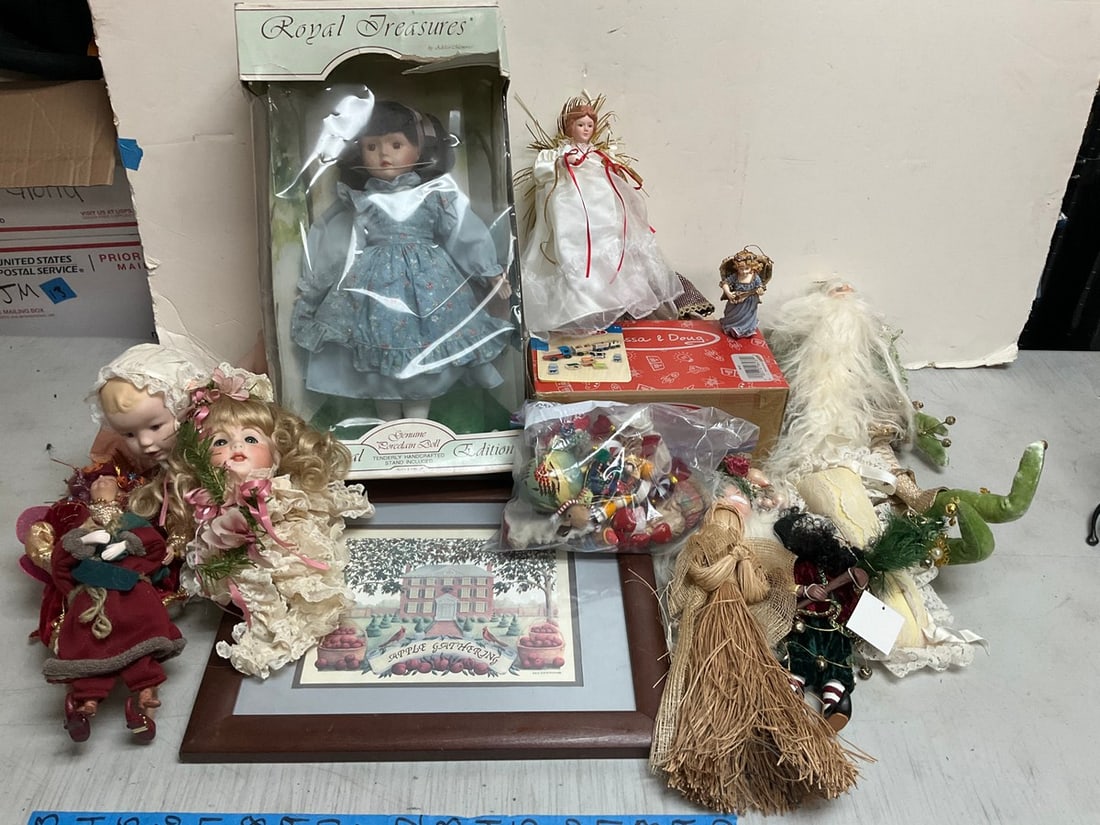 A collectible tradition collectible doll, Melissa & Doug set, framed photo(16in.x13in.), and other: A collectible tradition collectible doll, Melissa & Doug set, framed photo(16in.x13in.), and other dolls