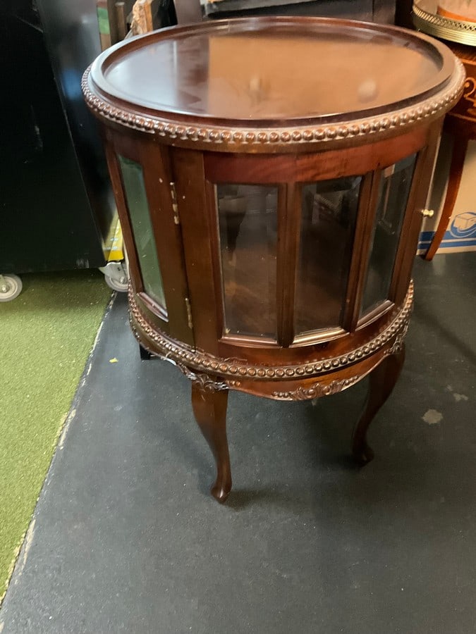 Wooden table with glass windows(30in.tall,19.5in.across): Wooden table with glass windows(30in.tall,19.5in.across)