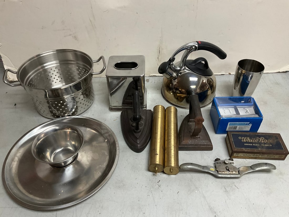 Good grips tea kettle, vintage irons, vintage White Rose tea balls tin container, and more(tallest (1 of 1)