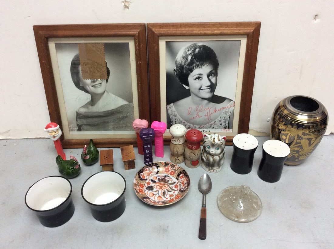 Decorative vase, various salt/pepper shakers, vintage framed and signed prints(10.25in.x12.75in.), (1 of 1)