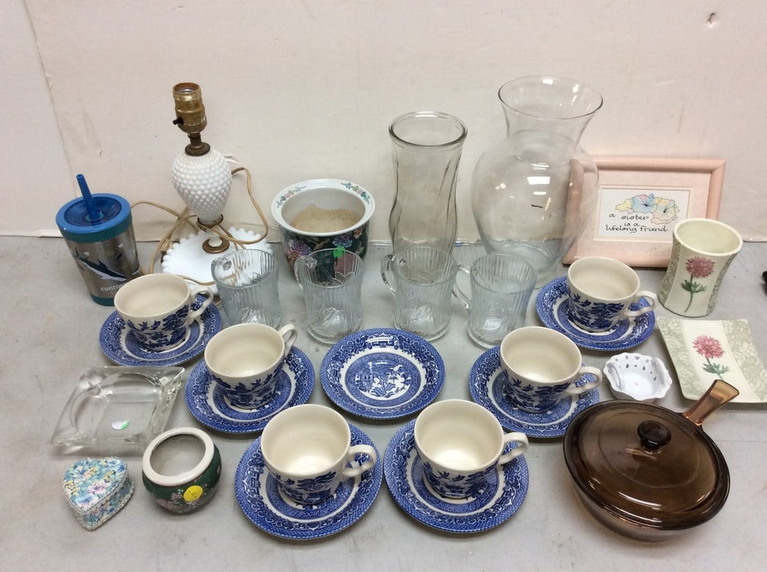 Blue transfer teacup set, floral planter, vases, lamp, Pyrex glass pan with lid,and (1 of 1)