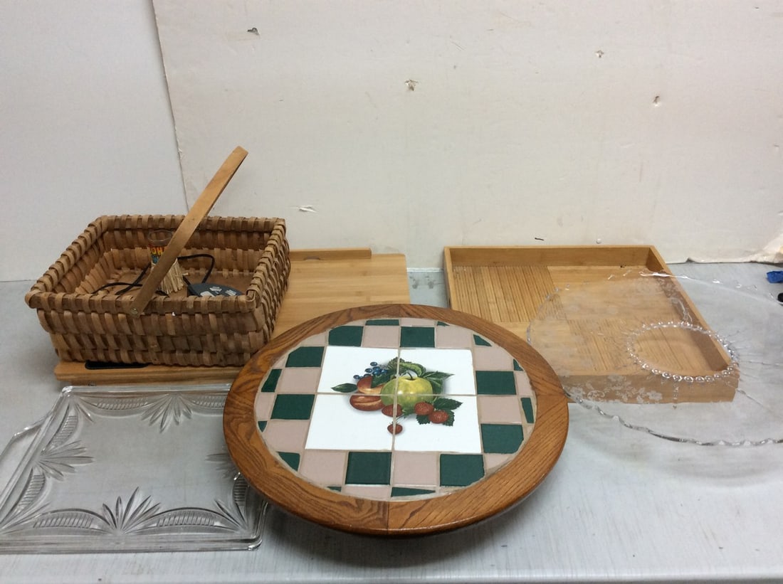 Advance alarm clock(model 4135), wooden serving trays, wicker basket(13in.x11.5in.x5in.), swivel (1 of 1)