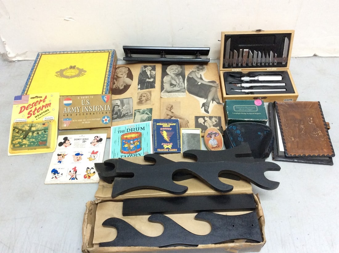 X-acto set, Vintage Desert storm trading cards, Disney seals, Thomas Kinkade lamplight bridge (1 of 1)