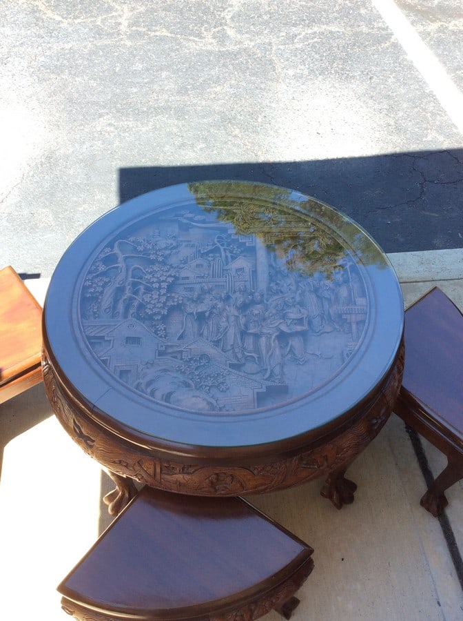 MCM decorative wooden carved table(20.5in.tall,about 30in.across) with glass top and small wooden (1 of 1)