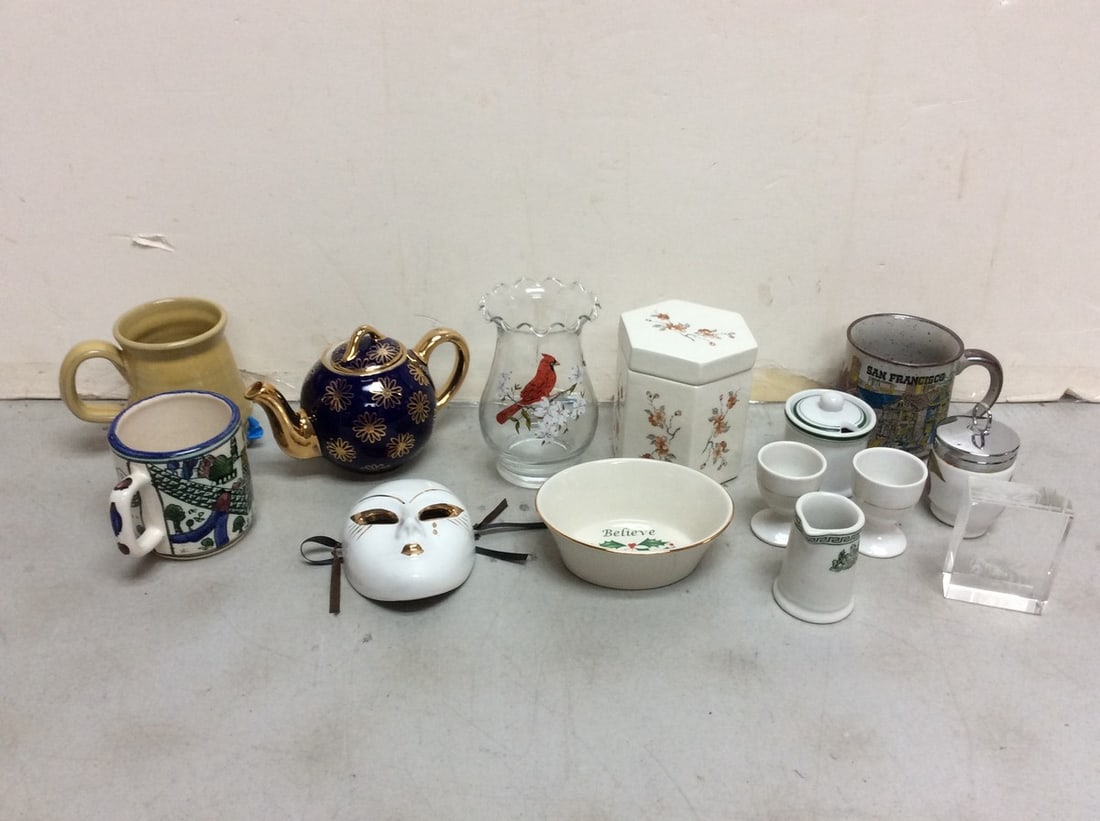 Ceramic mask, ceramic teapot, mugs, (Deneen Pottery, Hall, Royal Worcester, etc.-tallest 5.5in.) (1 of 1)