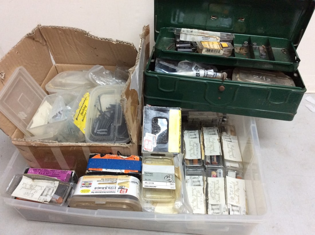 Vintage toolbox and various supplies(nuts & washers, Grip Rite fas'ners, composite deck screws, and (1 of 1)