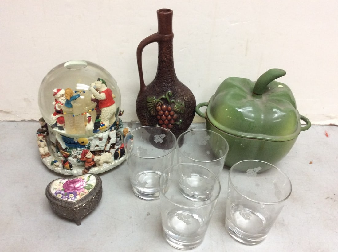 Winterland drinking glasses, snowglobe, ceramic container with lid, and more(tallest 11.5in.) (1 of 1)