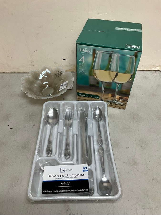Flatware set with organizer, Libbey white wine glasses, Murano glass bowl, and more: Flatware set with organizer, Libbey white wine glasses, Murano glass bowl, and more