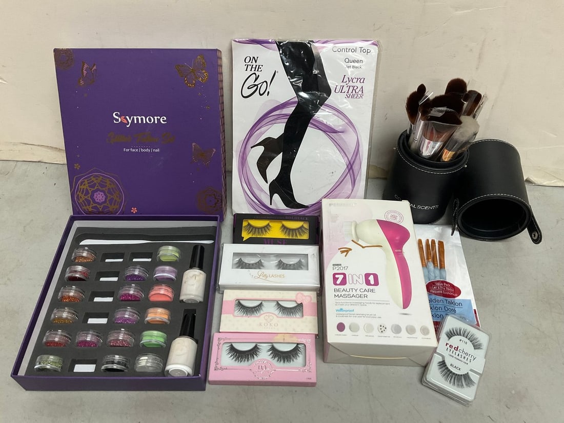 Makeup brushes in case, various eyelashes, beauty care massager, and more (1 of 1)
