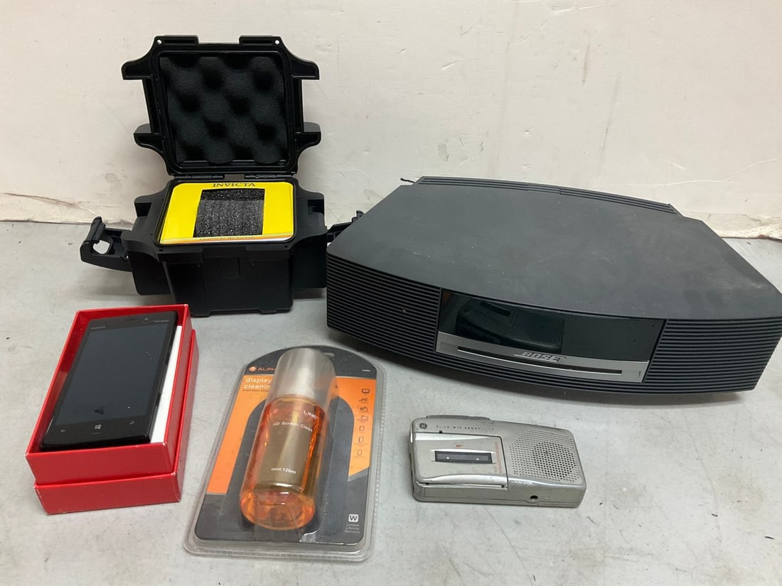 Invicta empty box, Bose speaker, microcasette recorder, Nokia phone, and more: Invicta empty box, Bose speaker, microcasette recorder, Nokia phone, and more