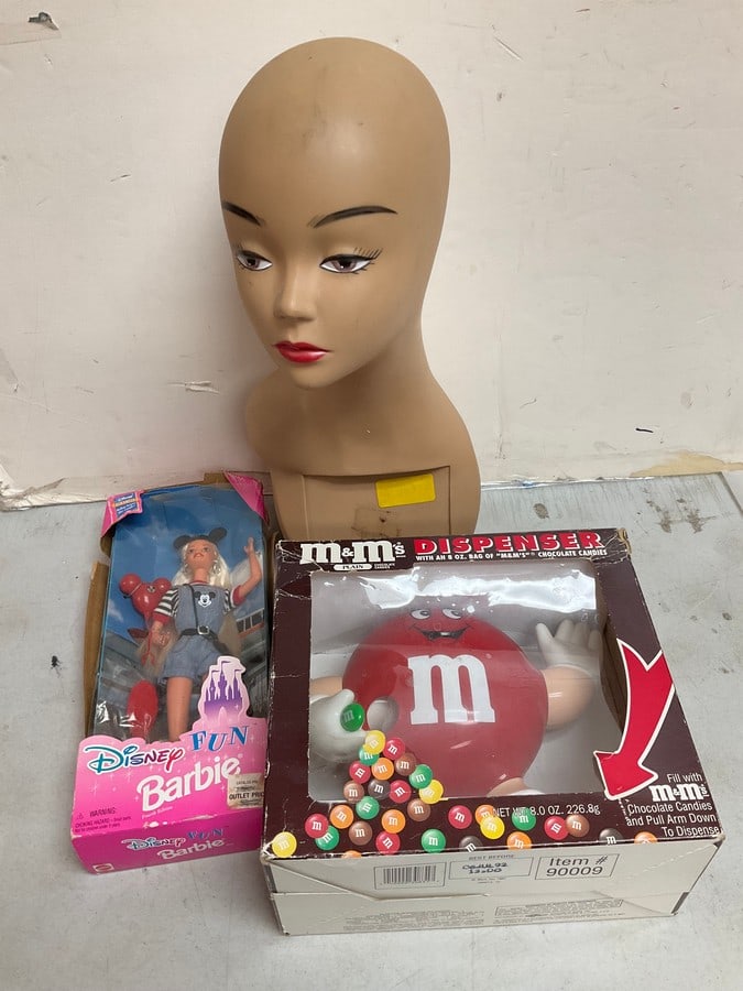 Outre head mannequin, vintage M&M dispenser, and Disney fun Barbie: Outre head mannequin, vintage M&M dispenser, and Disney fun Barbie