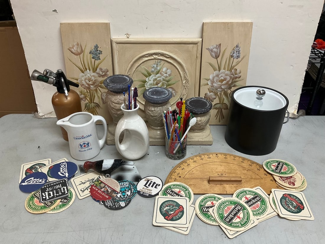 MCM ice bucket(9.5in.tall), Canadian Mist whiskey water pitcher, drink stirrers, house décor, and (1 of 1)