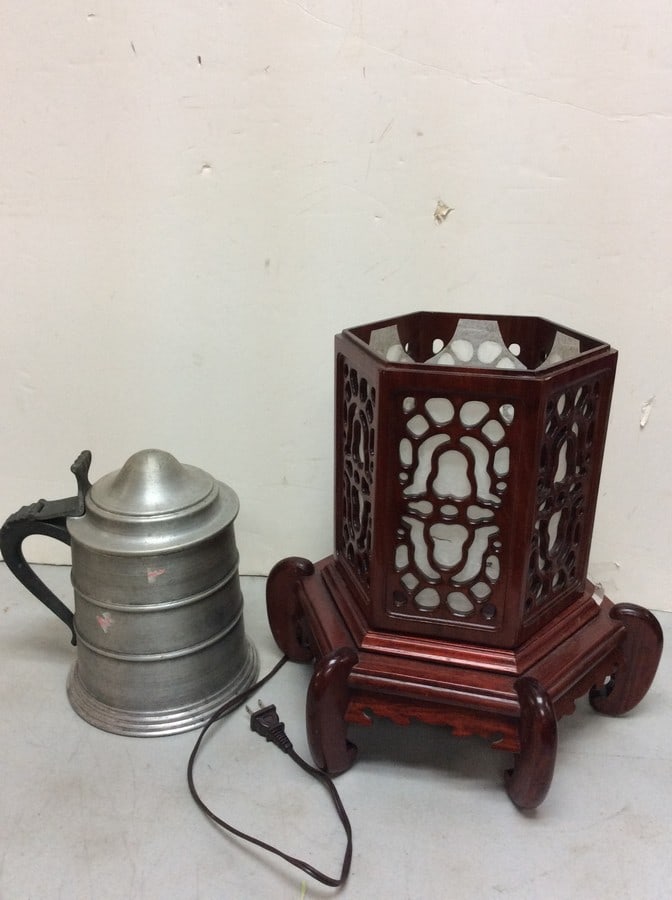 Wooden lantern enclosure with bulb inside(14.5in.tall) and vintage coffee pot (1 of 1)