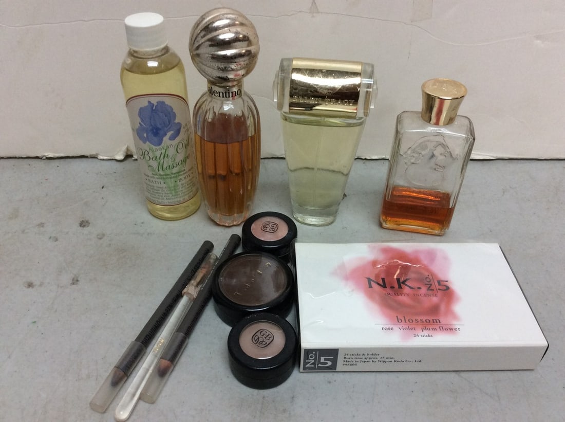 N.K. no.5 blossom incense, various eyeshadows/eyeliner, and various perfumes: N.K. no.5 blossom incense, various eyeshadows/eyeliner, and various perfumes