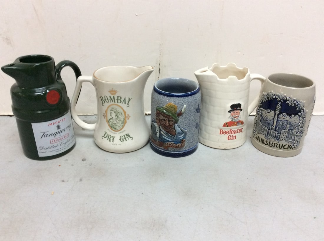 Whiskey Water Pitchers and more(Staffordshire, Kobrand, J.M. McCunn, etc-tallest 6.75in.): Whiskey Water Pitchers and more(Staffordshire, Kobrand, J.M. McCunn, etc-tallest 6.75in.)